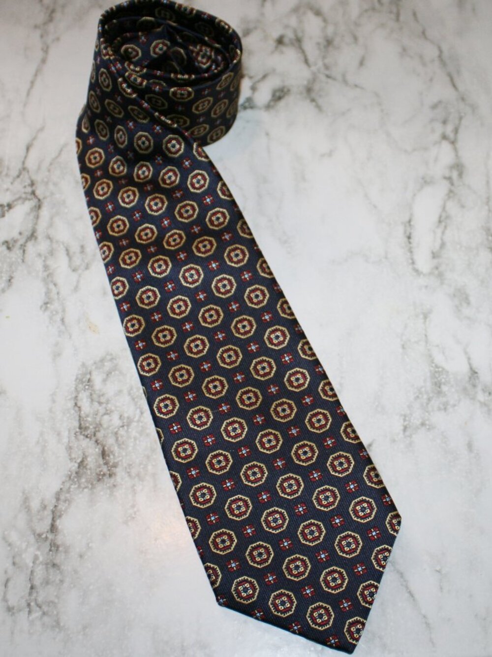 PAUL FREDRICK Sartoriale Necktie Luxury Silk Geometric Medallion Navy Blue